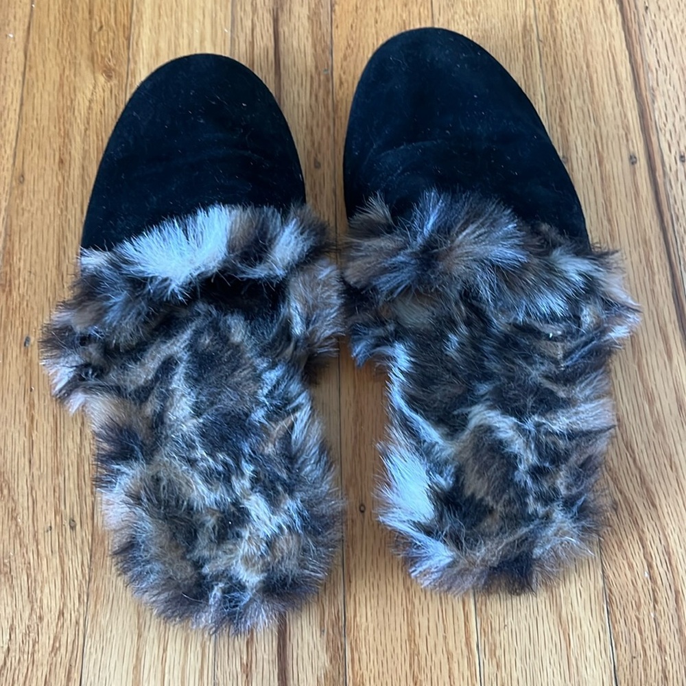 Black suede mules with animal print inside. Size 7-8